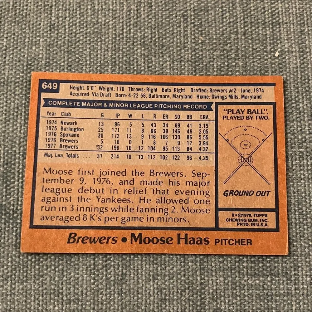 1978 Topps Milwaukee Brewers Baseball Card Trading Card